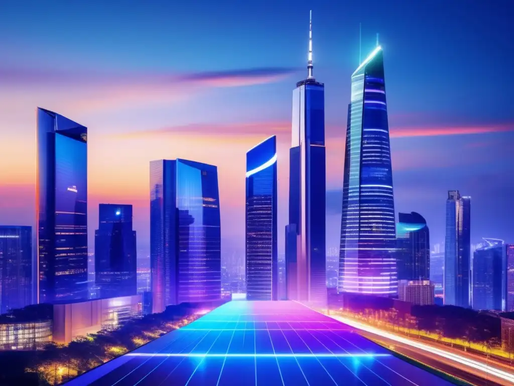 Skyline urbano moderno con tecnología avanzada Tecnología en inversión inmobiliaria: skyline urbano futurista con rascacielos iluminados y datos inmobiliarios