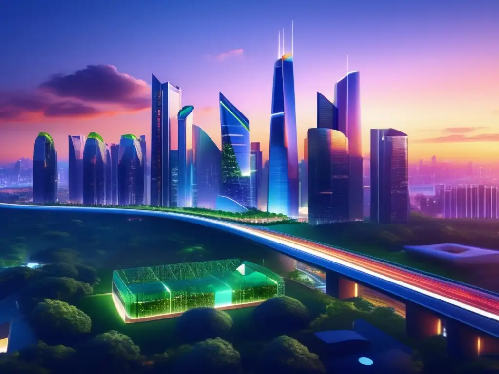 Moderna ciudad futurista al atardecer Tecnología en la inversión inmobiliaria: Ciudad moderna con rascacielos futuristas y naturaleza integrada