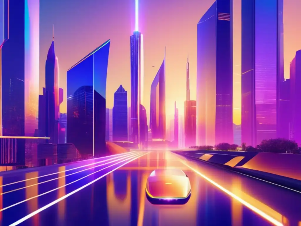 Ciudad futurista: innovación y tecnología Tecnología en inversiones financieras en una ciudad futurista al atardecer