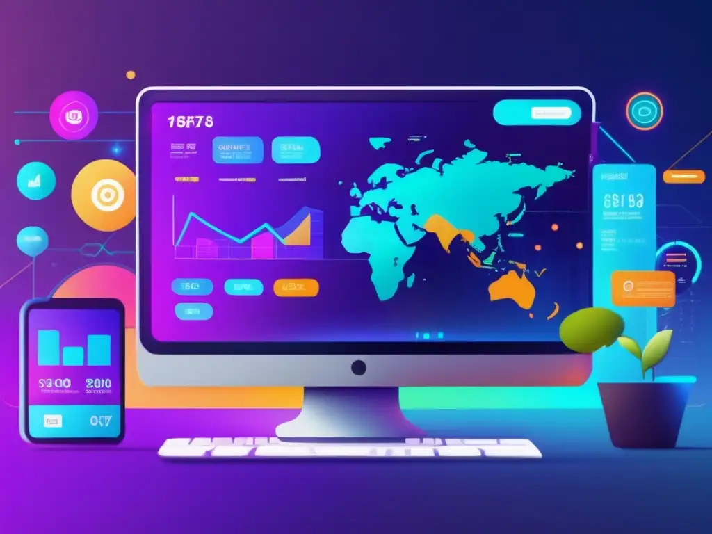 Mercado financiero digital Tecnología en inversiones financieras con interfaz moderna, colores vibrantes y opciones de inversión variadas