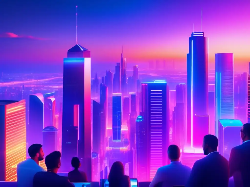 Futurista ciudad nocturna con tecnología avanzada Acción tecnológica con potencial oculto en una ciudad futurista con rascacielos, tecnología avanzada y profesionales discutiendo