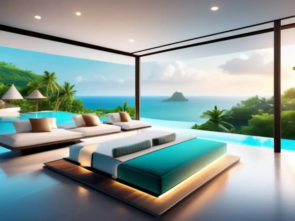 Propiedad de lujo con vistas al mar Gestión tecnológica propiedades vacacionales: lujosa propiedad vacacional de diseño moderno con tecnología inteligente y vistas al mar turquesa
