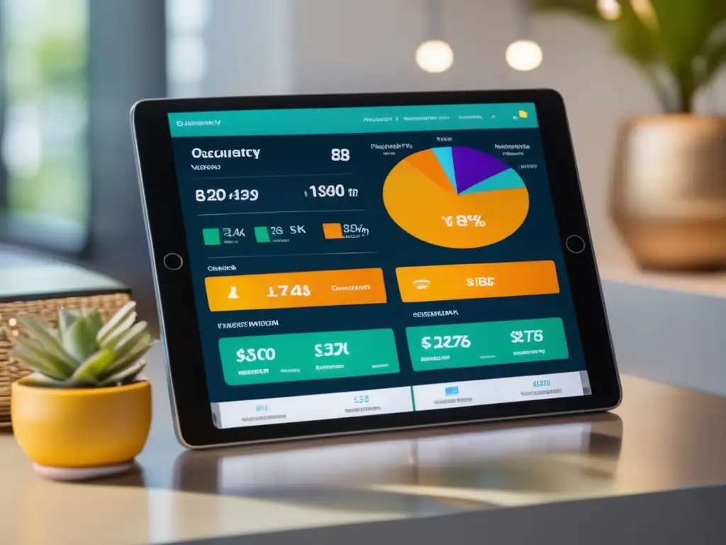 Interfaz moderna de gestión de propiedades vacacionales Gestión tecnológica propiedades vacacionales: interfaz moderna de software para la gestión de propiedades vacacionales en una tableta táctil, con dashboard intuitivo, gráficos y controles visuales