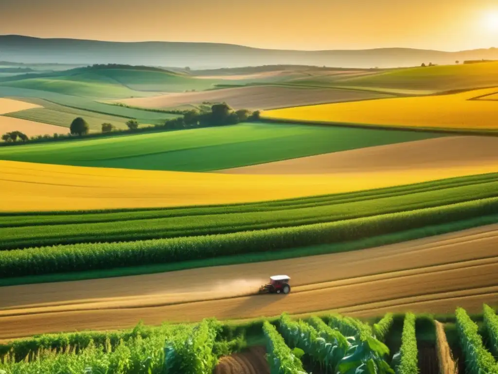 Paisaje agrícola verde exuberante Tendencias acciones materias primas: Paisaje agrícola verde exuberante con cultivos vibrantes y un agricultor trabajando