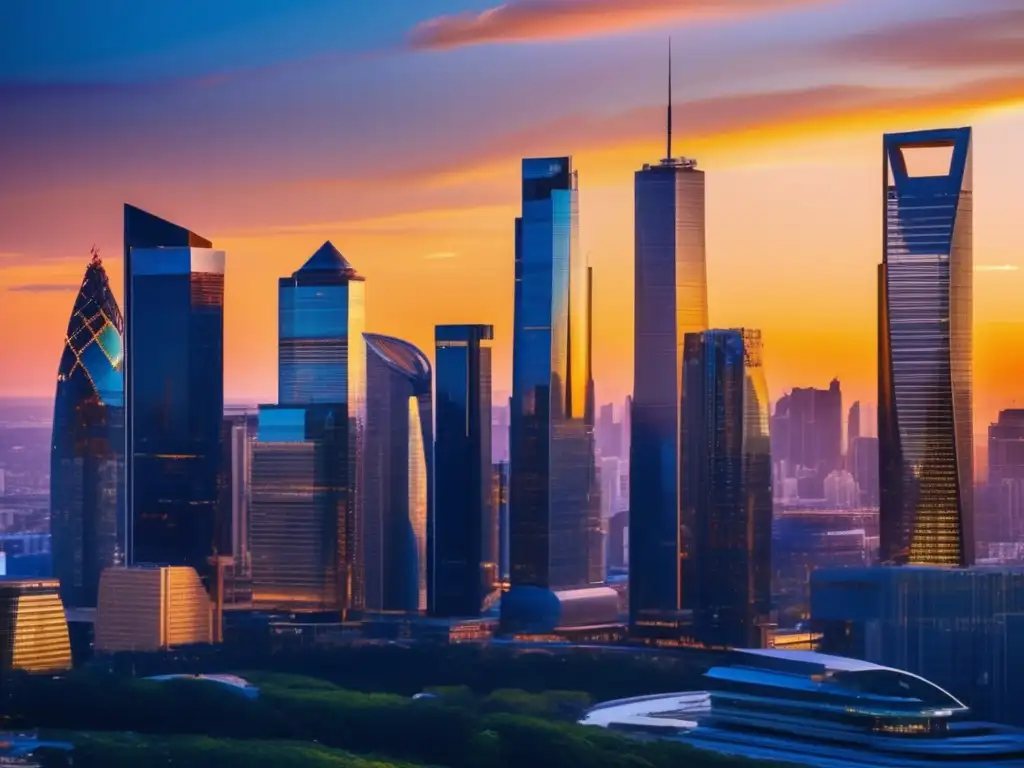 Ciudad moderna al atardecer: negocios y progreso Tendencias acciones materias primas en moderna ciudad al atardecer
