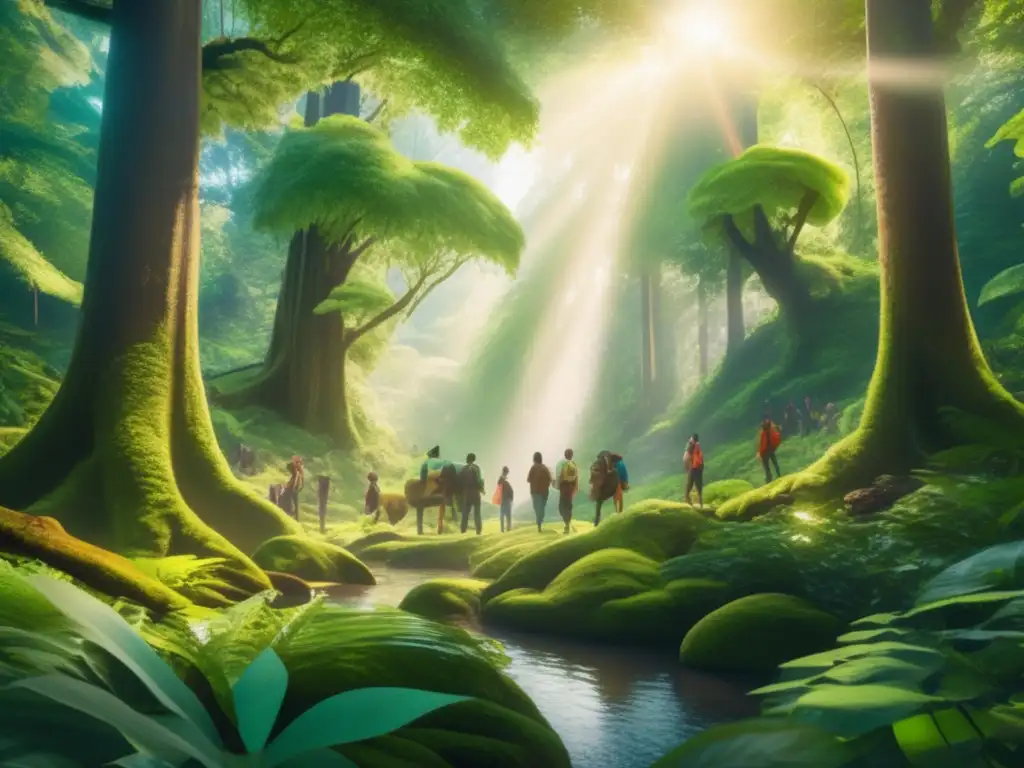 Naturaleza y tecnología en armonía Tendencias criptoactivismo emergentes en un bosque verde exuberante con personas discutiendo y tecnología digital