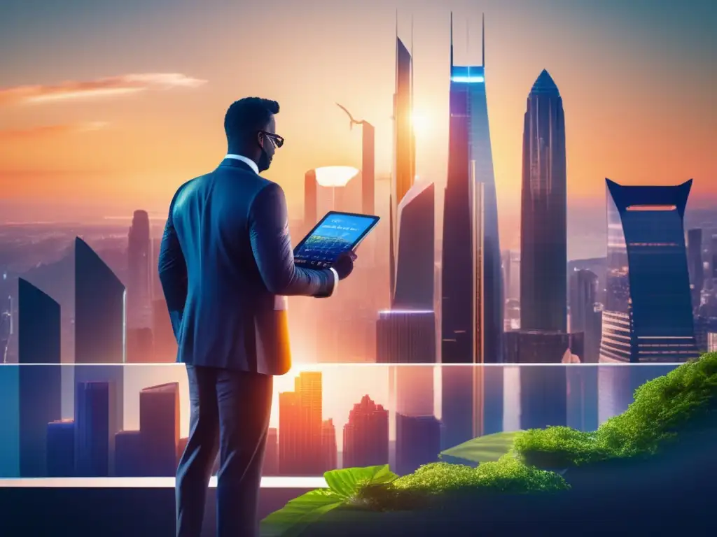 Ciudad futurista con criptomonedas Tendencias regulación criptográfica futuro: Ciudad futurista con rascacielos, naturaleza y persona con tablet mostrando gráfico de criptomonedas