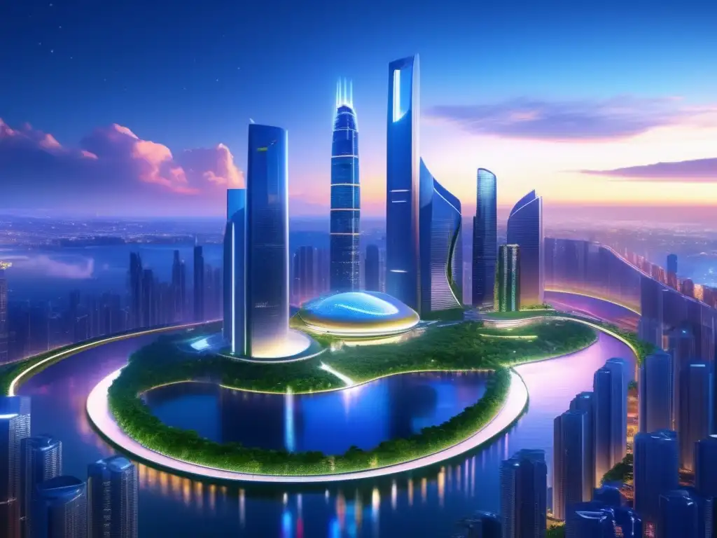 Futurista ciudad con rascacielos y tecnología Tendencias regulación criptográfica futuro: Impresionante imagen 8k de una futurista ciudad al atardecer, con rascacielos adornados con luces LED