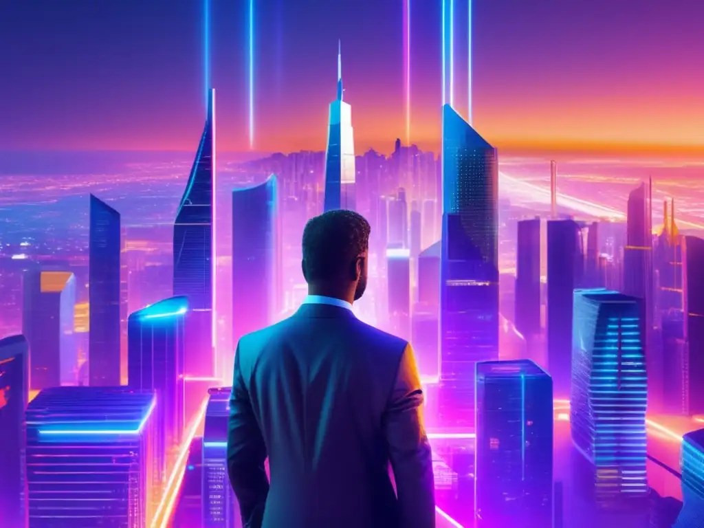 Futuro de las criptomonedas Tendencias criptomonedas economía global: Ciudad futurista con rascacielos, luces neón y personas hablando, inversores observando pantallas digitales