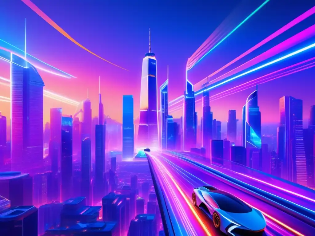 Futuro ciudad tecnológica con criptomonedas Tendencias criptomonedas economía global: Futurista ciudad 8k con rascacielos iluminados por luces neón, vida bulliciosa y tecnología avanzada