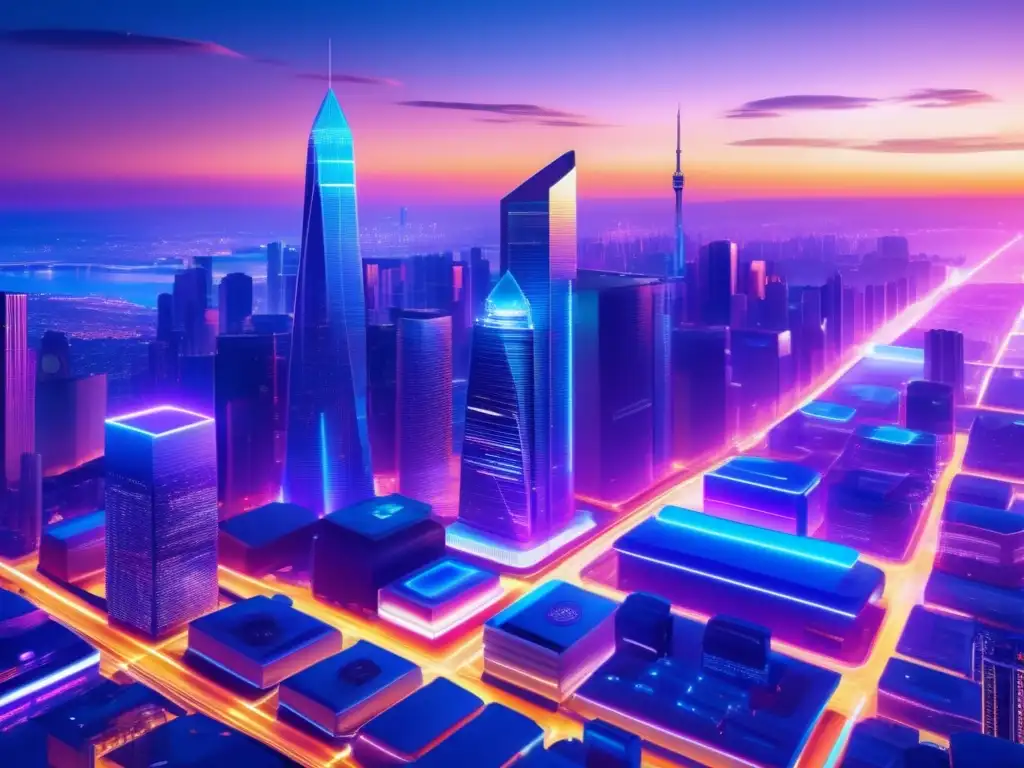 Futurista ciudad digital al anochecer Tendencias criptomonedas economía global en una futurista ciudad digital con rascacielos, billboards y redes luminosas