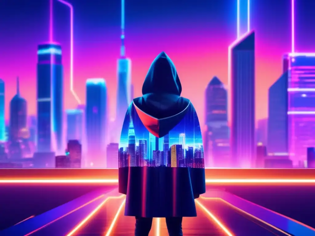 Futuro ciudad nocturna con criptoactivismo Tendencias criptoactivismo emergentes: ciudad futurista con rascacielos iluminados por luces de neón, figura anónima frente a pantalla digital con códigos de encriptación y redes blockchain