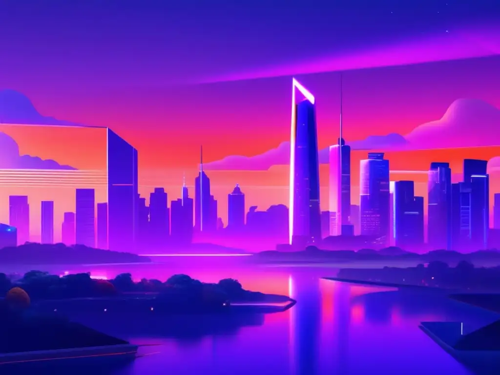 Futurista ciudad al atardecer Tendencias emergentes: ciudad futurista con arquitectura vanguardista y naturaleza