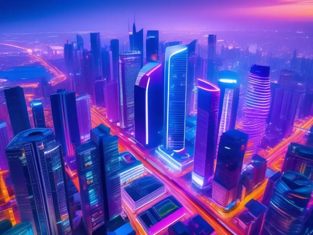 Ciudad futurista iluminada por luces de neón Diversificación en inversión con tendencias emergentes: ciudad futurista iluminada por luces de neón, rascacielos innovadores y vehículos autónomos