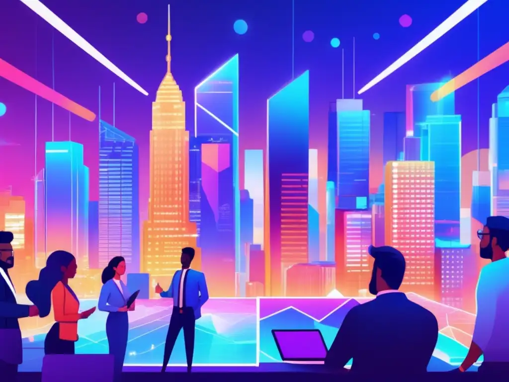 Innovadora ciudad futurista con profesionales colaborando Tendencias emergentes en finanzas de impacto social: ciudad futurista con rascacielos, profesionales colaborando y gráficos holográficos