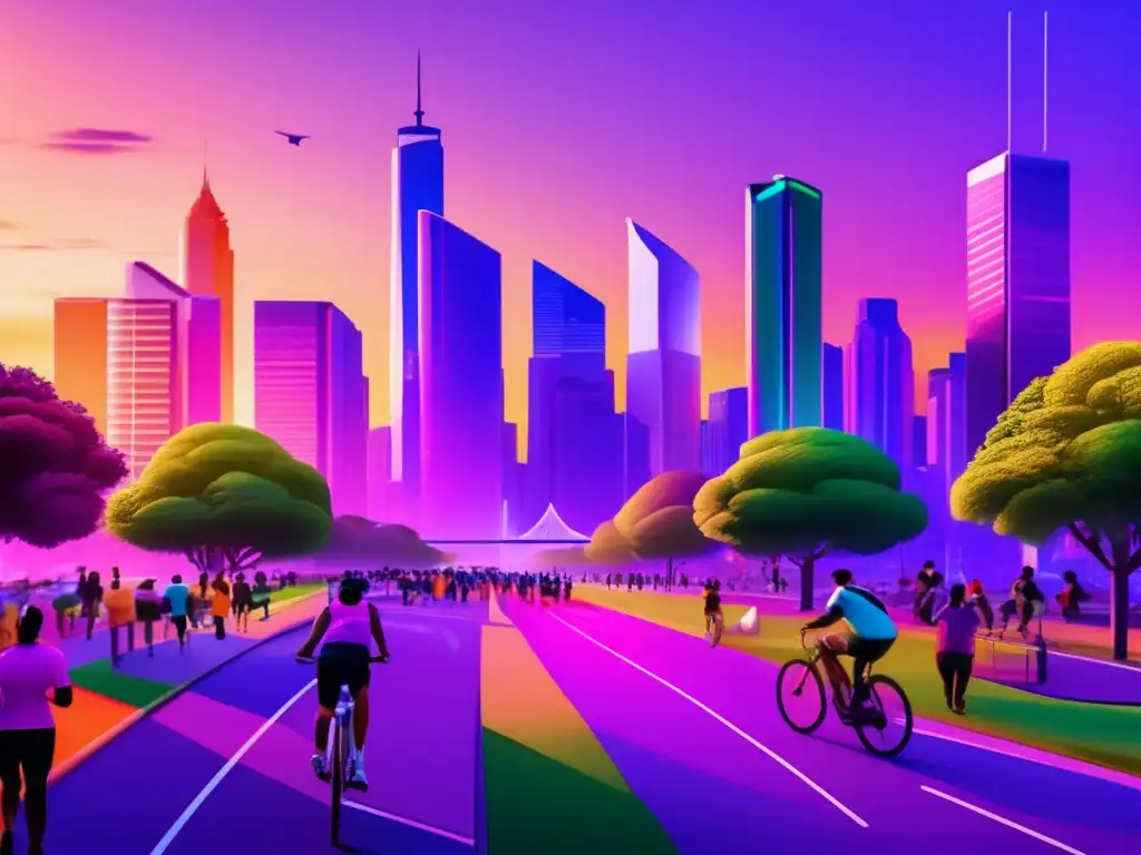 Ciudad sostenible al atardecer Tendencias emergentes en finanzas de impacto social: Ciudad con rascacielos modernos, parque verde y energías renovables