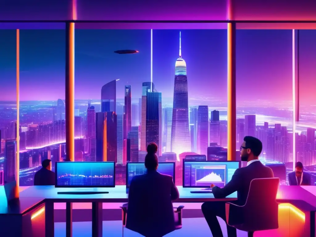 Futuro de los negocios en la ciudad Tendencias emergentes en franquicias: Ciudad futurista con profesionales analizando inversiones y gráficos
