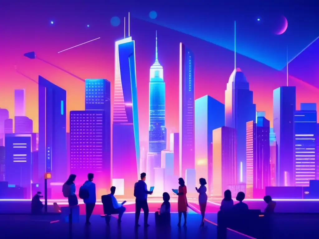 Ciudad futurista con diversidad y conectividad digital Tendencias criptoactivismo emergentes: Futurista ciudad nocturna con rascacielos vibrantes y personas diversas en discusiones significativas