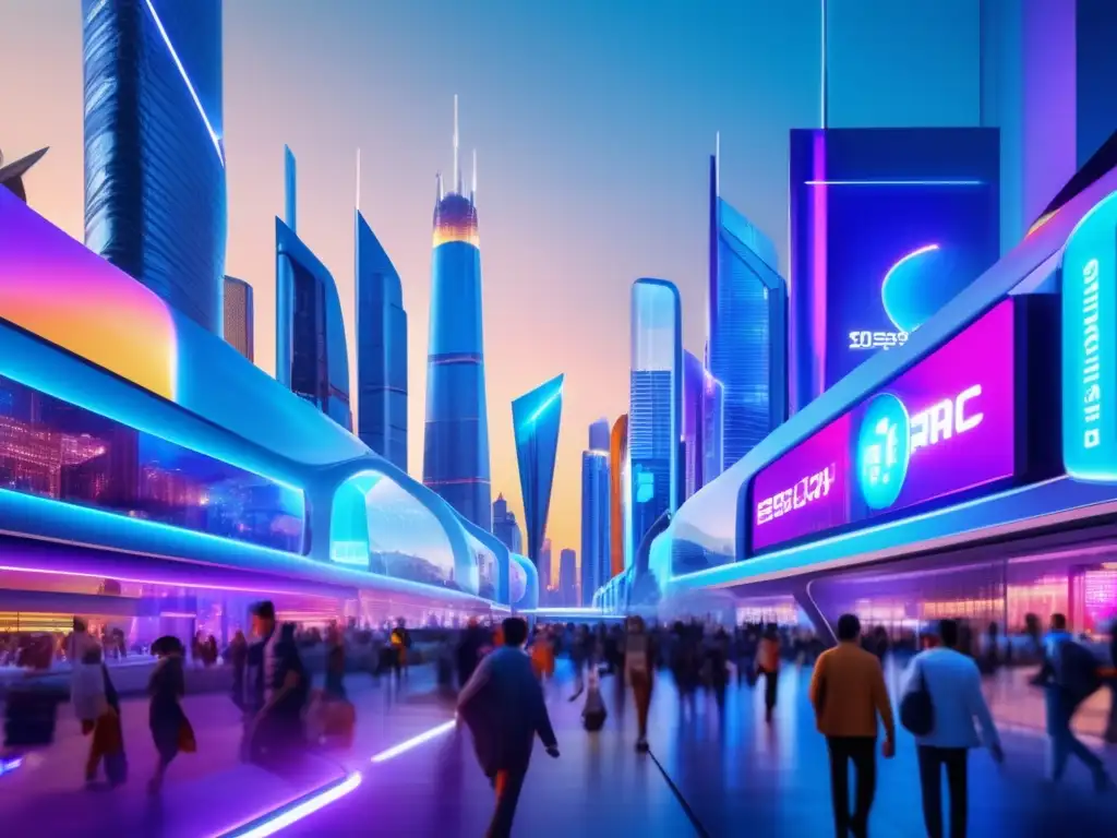 Futuro sostenible: ciudad con rascacielos ecoamigables Tendencias emergentes inversiones franquicias: Ciudad futurista con rascacielos de vidrio y acero, iluminada con luces LED ecoamigables
