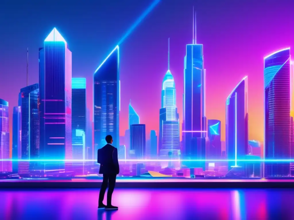 Futuro financiero con inteligencia artificial Tendencias de inversión con inteligencia artificial en una ciudad futurista con rascacielos modernos y vibrantes luces de neón