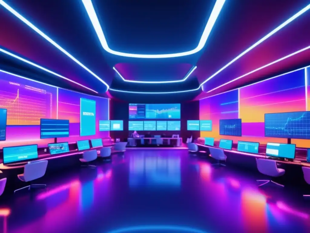 Futuro trading floor con tecnología avanzada Tendencias de inversión con inteligencia artificial en un futurista piso de operaciones bursátiles iluminado por luces de neón
