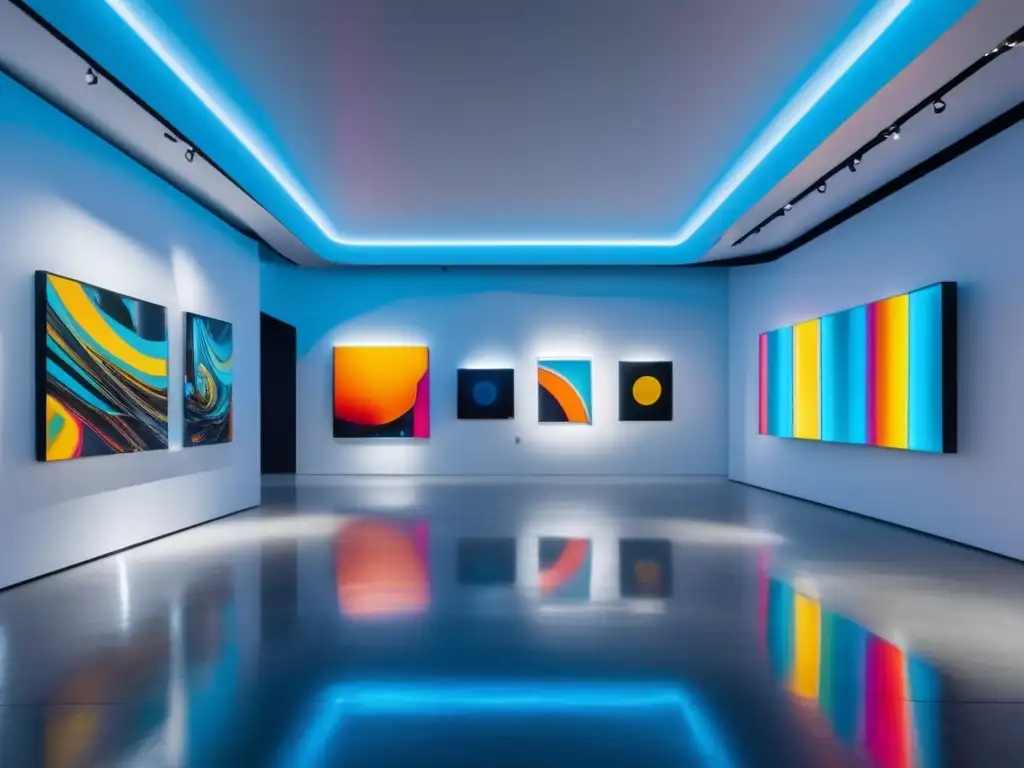 Galería de arte futurista con obras contemporáneas Tendencias inversión arte coleccionables: Increíble imagen 8k de una galería de arte futurista con obras contemporáneas y vibrantes colores