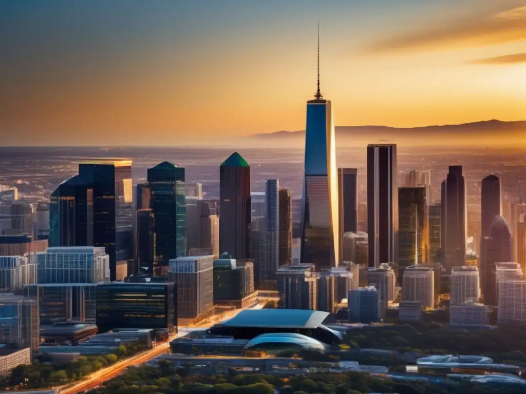 Skyline moderno y próspero con profesionales Tendencias inversión propiedades comerciales en próspero paisaje urbano con arquitectura moderna y profesionales discutiendo