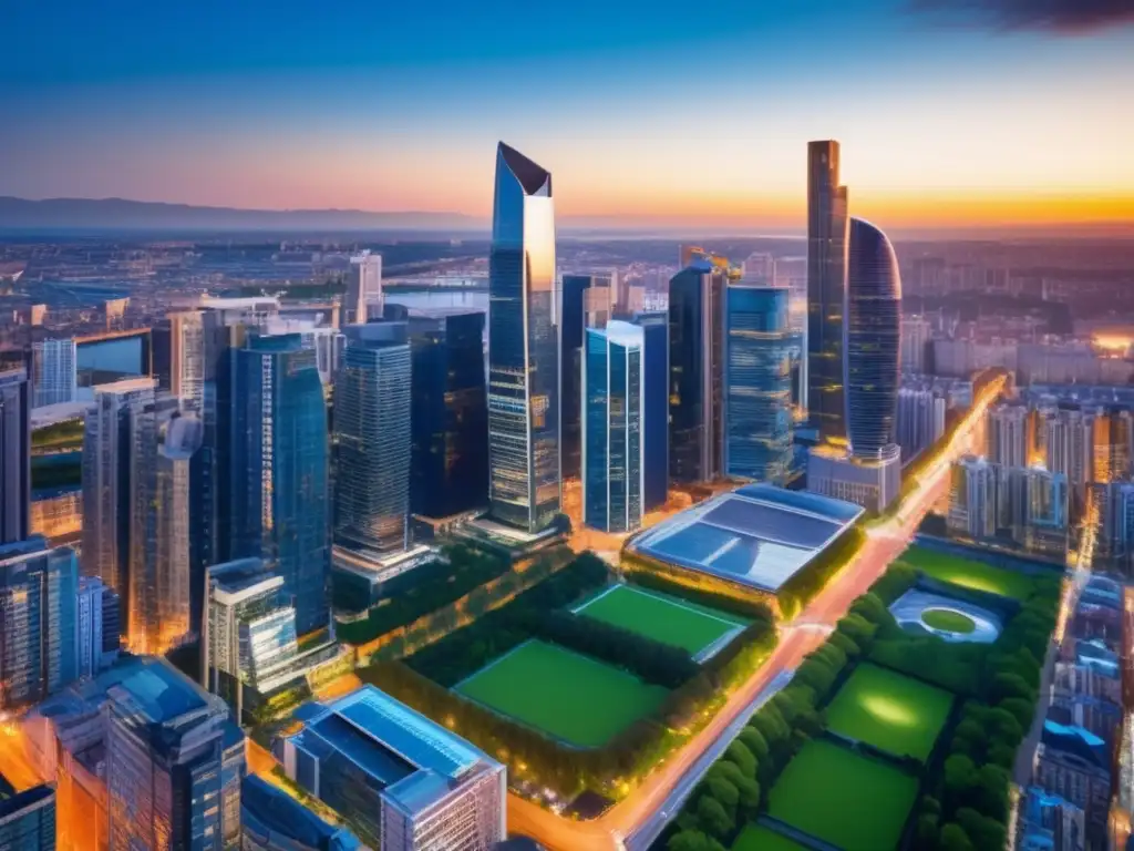 Moderna ciudad con rascacielos y parques Tendencias inversión propiedades comerciales: Ciudad moderna con rascacielos, parques verdes, calles llenas de gente y coches