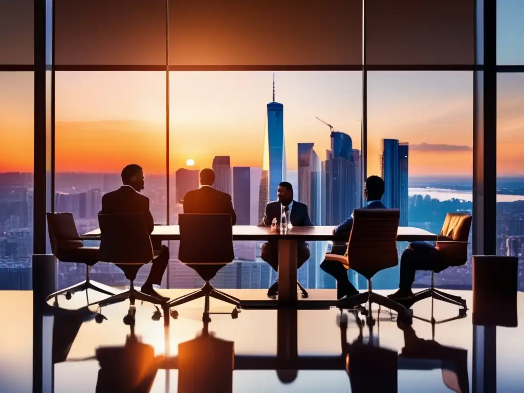 Cityscape at sunset: professionals evaluating vacation properties Tendencias de inversión en propiedades vacacionales, ciudad moderna al atardecer, profesionales evaluando rentabilidad y estrategias