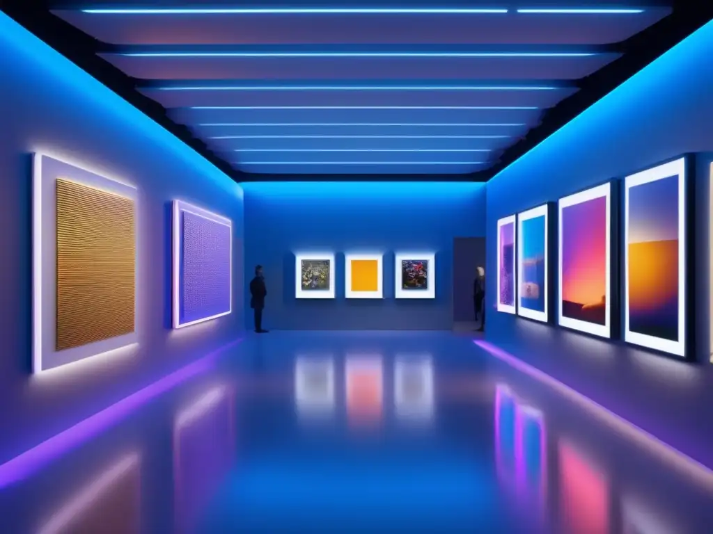 Futuro del arte y coleccionables Tendencias inversiones arte coleccionables: Futurista galería arte, esculturas vanguardistas, luces etéreas, conversaciones intrigantes