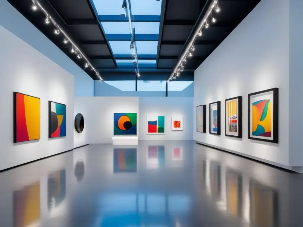 Galería de arte moderna y vibrante Tendencias inversiones arte coleccionables: Galería de arte moderna con obras vibrantes y diversas en un espacio iluminado y minimalista