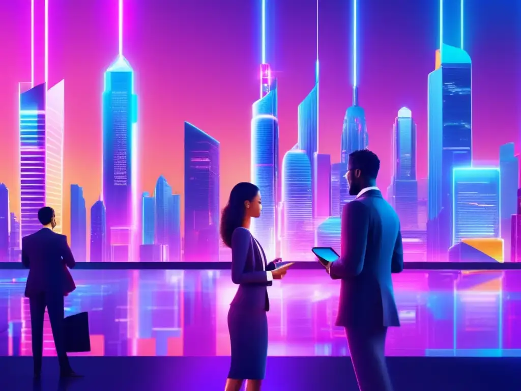 Futuro de la fintech: ciudad futurista y conectada Tendencias fintech para inversores en una ciudad futurista con rascacielos de vidrio y acero, iluminada por luces de neón vibrantes