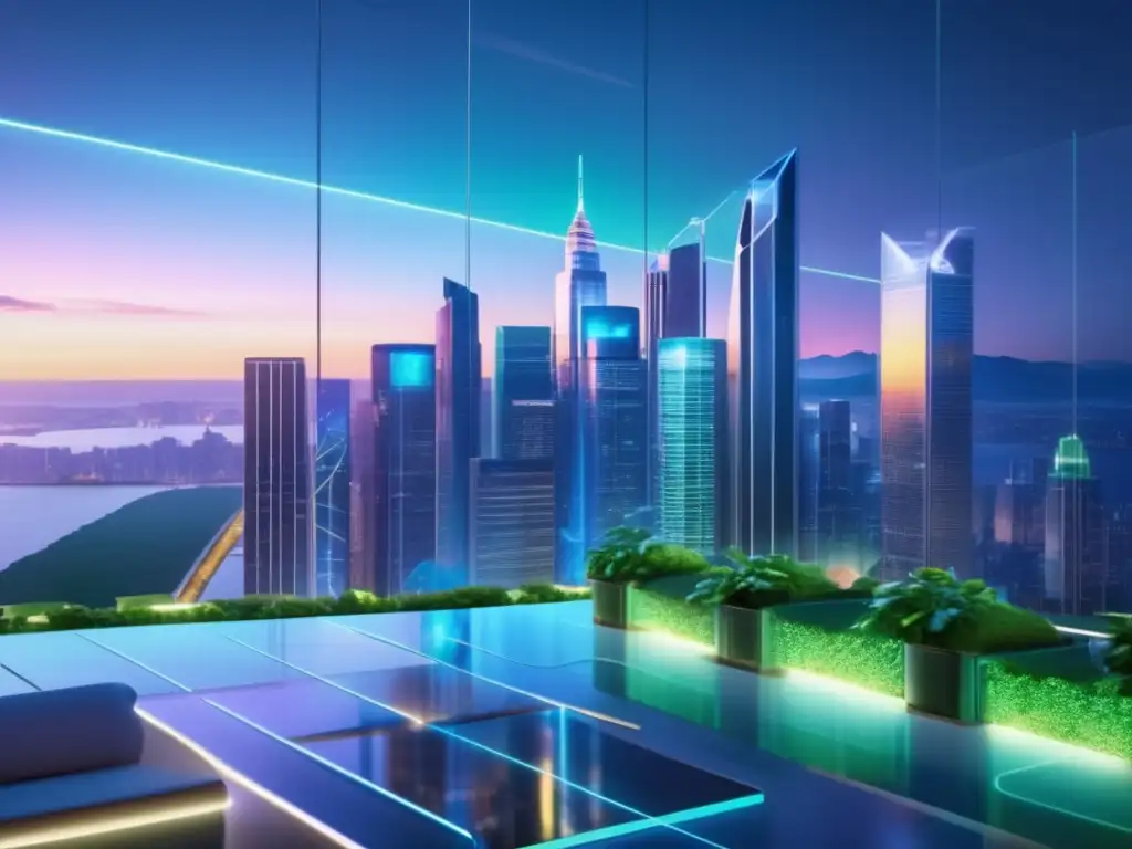 Futuro de fintech en distrito financiero Tendencias fintech para inversores en futurista distrito financiero con tecnología avanzada y profesionales analizando oportunidades