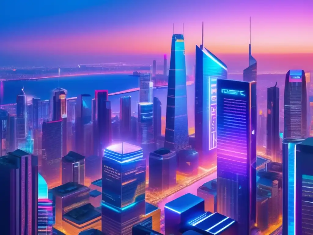 Futurista ciudad financiera: rascacielos, neón y tecnología Tendencias fintech para inversores: Ciudad futurista con rascacielos iluminados por luces de neón, transacciones financieras digitales y colaboración en estrategias de inversión