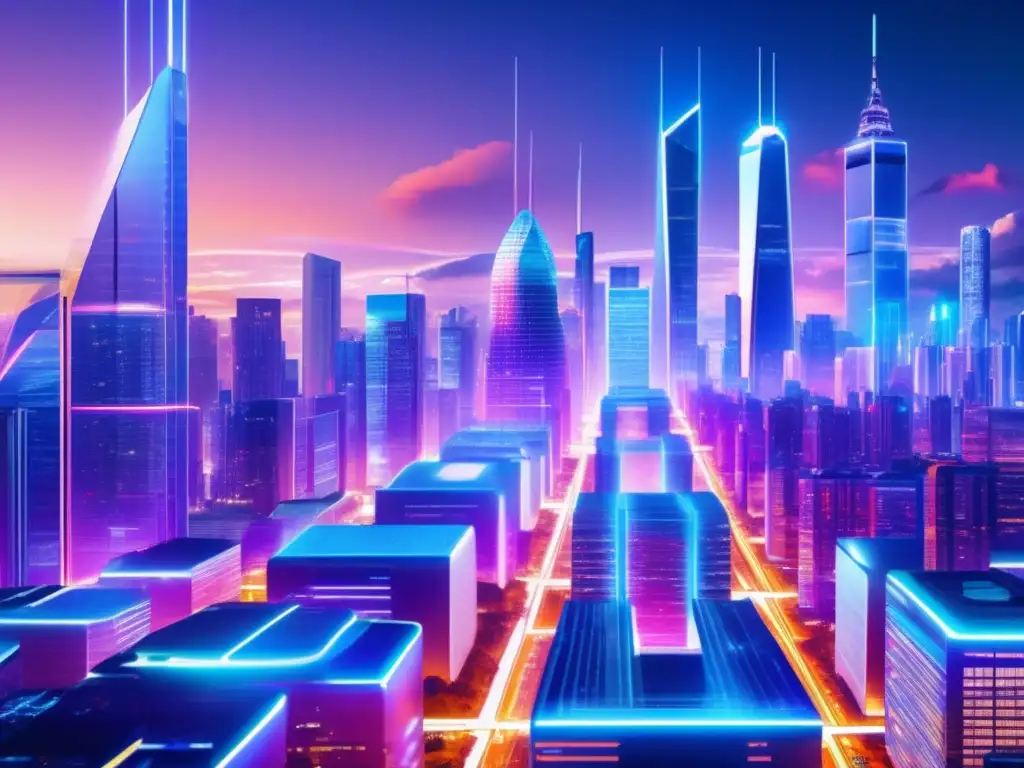 Ciudad futurista con rascacielos y tecnología Tendencias fintech para inversores: Futuro urbano con rascacielos, IA en finanzas, blockchain, préstamos online y estética moderna