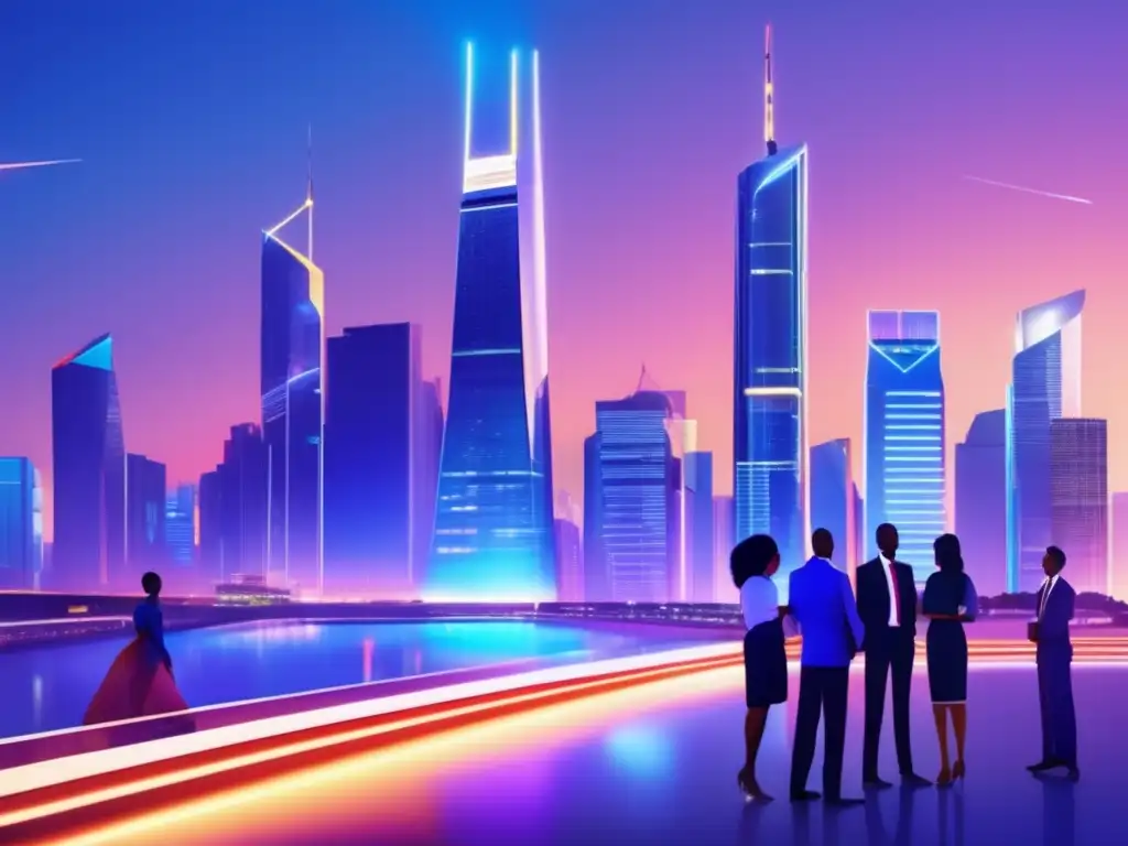 Skyline urbano moderno con inversores analizando oportunidades Tendencias microfinanzas inversores visionarios en la ciudad futurista con profesionales analizando gráficas y documentos financieros