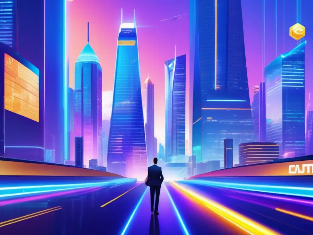 Futuro financiero con tecnología Tendencias microfinanzas inversores visionarios: Ciudad futurista con rascacielos modernos, gráficos financieros y transporte innovador