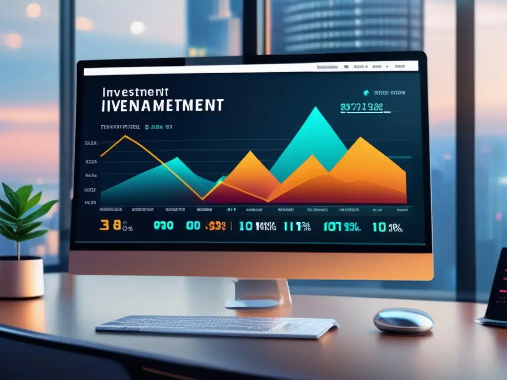 Software de gestión de inversiones futurista Tendencias software gestión portafolio: interfaz futurista y profesional de software de gestión de inversiones en monitor 8K