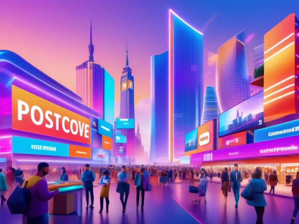 Auge del ecommerce en Europa postCOVID Tendencias de inversión postCOVID en Europa, ecommerce vibrante y futurista con compradores en línea y tecnología integrada