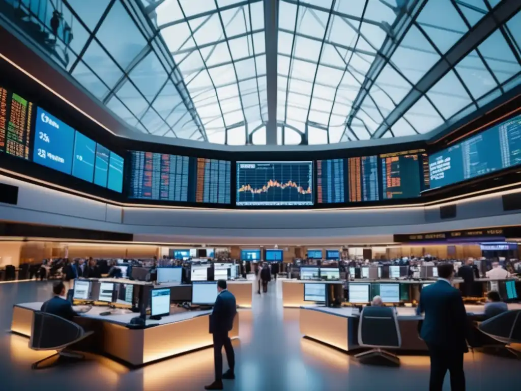 Piso bursátil europeo: moderno y vibrante Tendencias de inversión postCOVID en Europa: Piso de bolsa europeo vibrante y futurista con traders y pantallas mostrando datos bursátiles