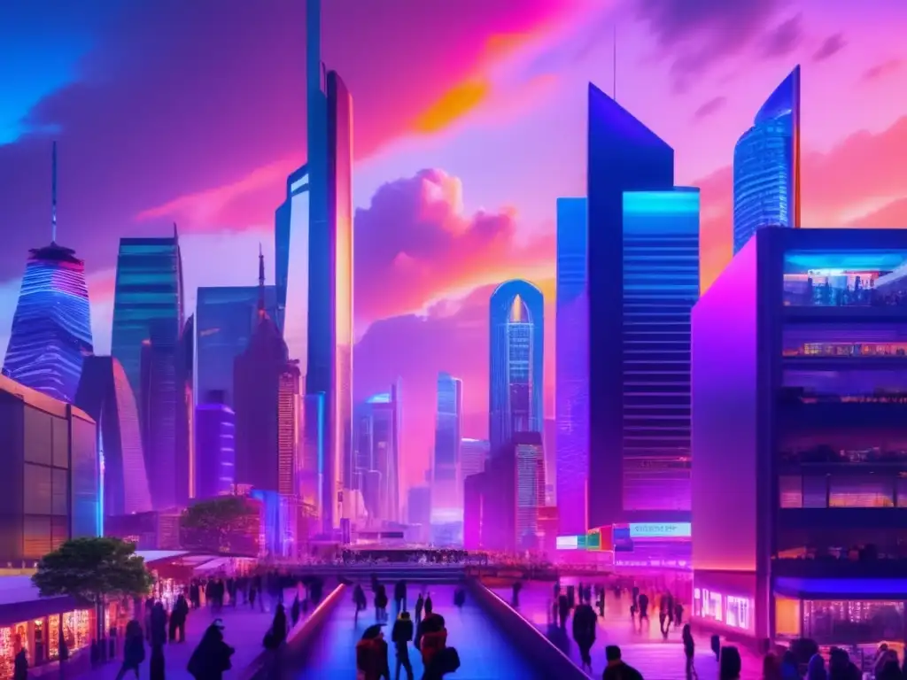 Resiliencia urbana: Ciudad pospandemia Tendencias inversión postCOVID en Europa: ciudad vibrante, rascacielos, luces neón y gente con mascarillas y maletines