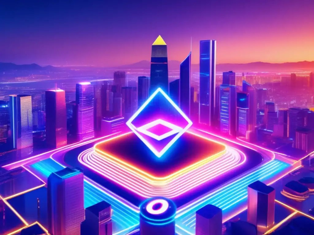 Futurista ciudad financiera con criptomonedas Tensión regulatoria criptomonedas banco central - Futurista ciudad con rascacielos y monedas digitales