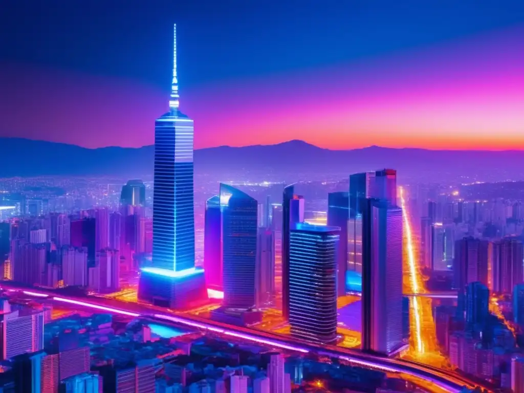 Futuro de las Criptomonedas y Bancos Tensión regulatoria criptomonedas banco central: Futurista ciudad con rascacielos iluminados y red de conexiones