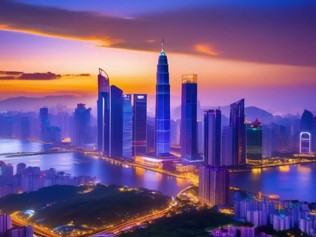 Ciudad emergente en atardecer, mercado ETF Tensiones geopolíticas en ETFs de mercados emergentes