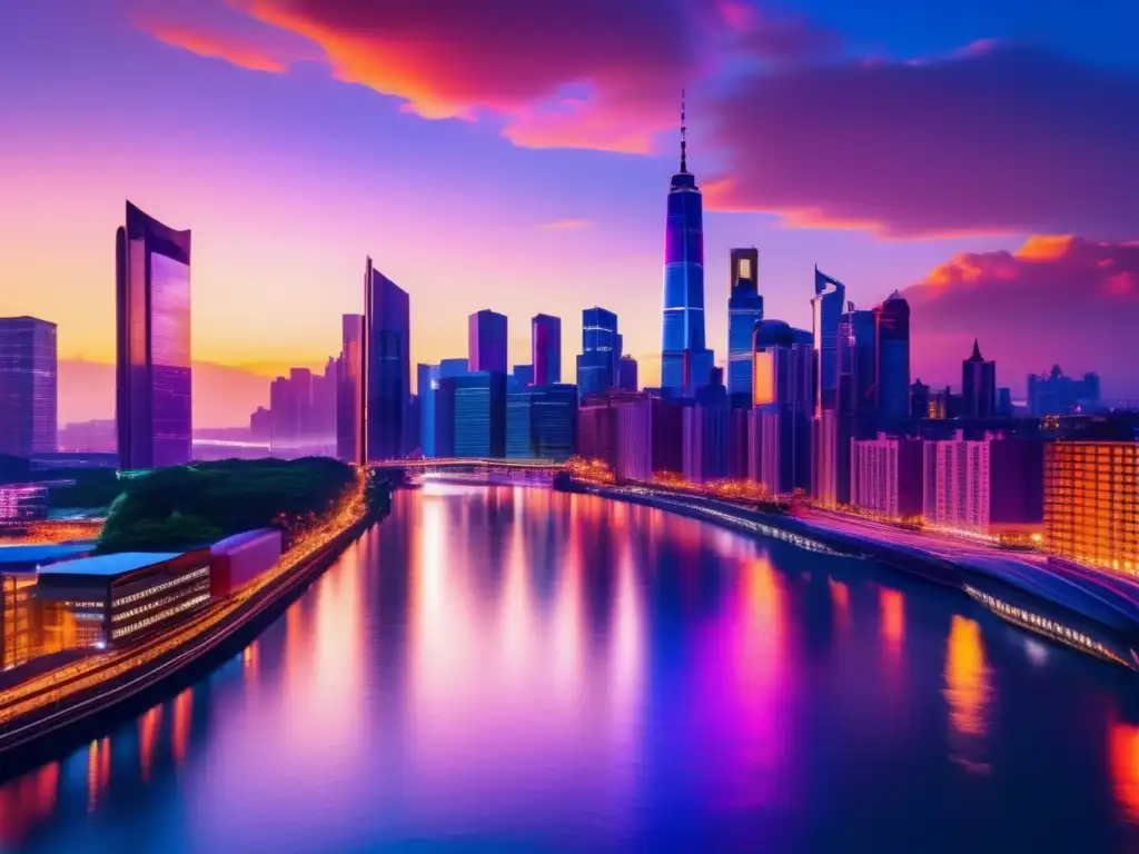 Ciudad moderna iluminada al atardecer Tensiones geopolíticas ETFs mercados emergentes en ciudad nocturna vibrante