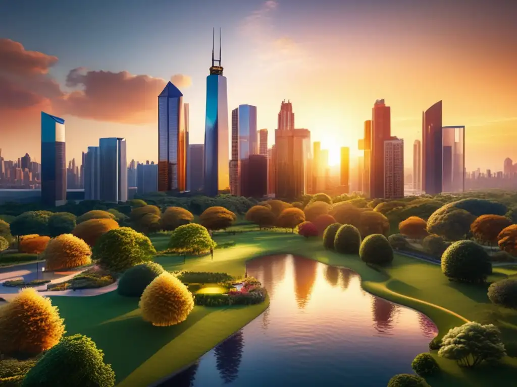 Potencial lucrativo en una ciudad moderna Inversión en terrenos rentables en ciudad moderna al atardecer