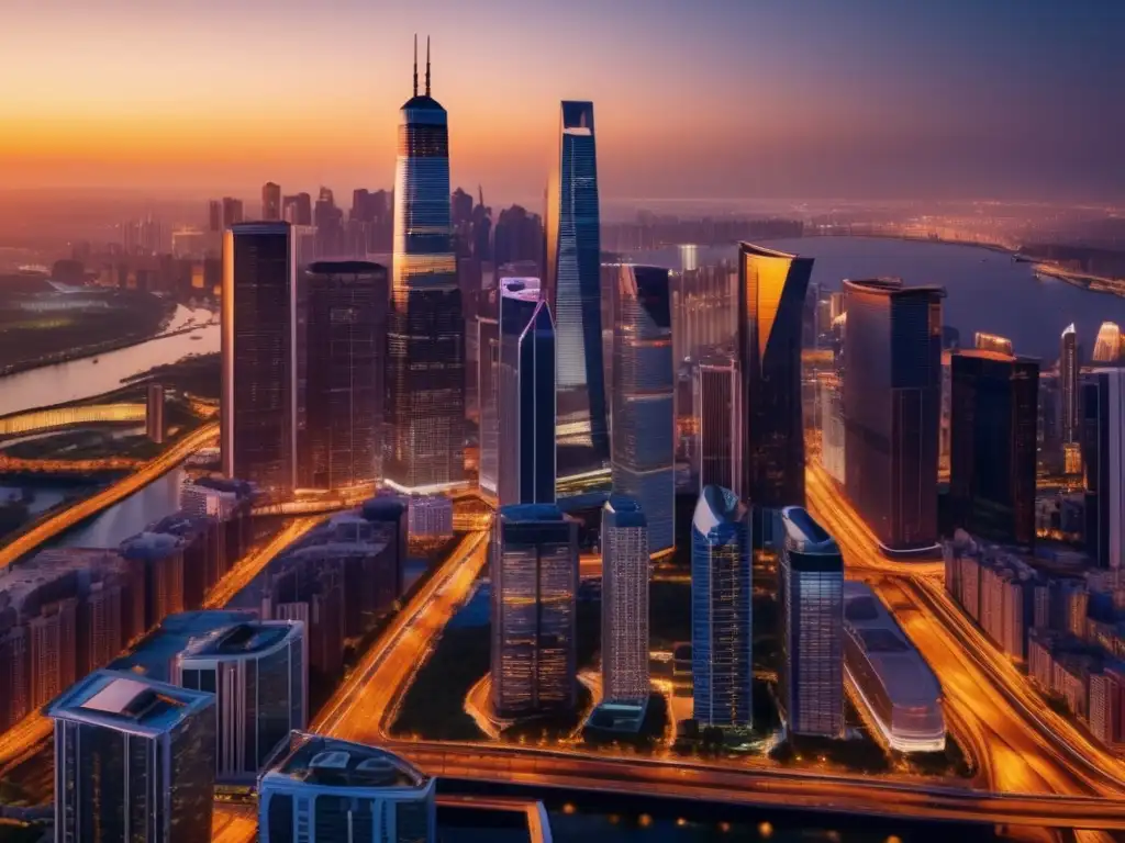 Oportunidad de inversión en ciudad próspera Inversión en terrenos rentables: Ciudad moderna al atardecer con rascacielos iluminados y parques verdes