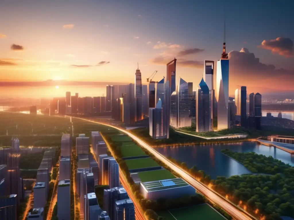Oportunidades inmobiliarias al atardecer Inversión en terrenos rentables en una moderna ciudad al atardecer, con rascacielos y paisajes verdes