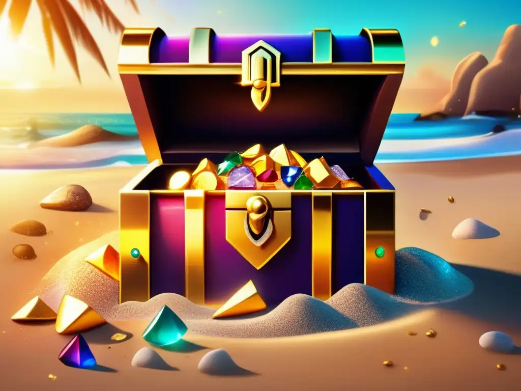 Tesoro brillante en playa desierta Un tesoro deslumbrante en una playa desierta, con gemas y monedas de oro brillando bajo el sol