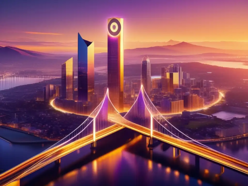 Futuro de Tezos: ciudad inteligente y autónoma Tezos plataforma blockchain autogobierno: Ciudad futurista, innovación y colaboración